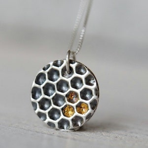 Honeycomb necklace solid silver with gold honey details, sterling silver box chain included, honeycomb jewelry