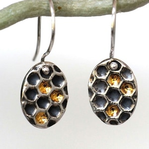 Silver honeycomb earrings with gold details, bee jewellery, oval dangles