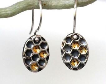 Silver honeycomb earrings with gold details, bee jewellery, oval dangles