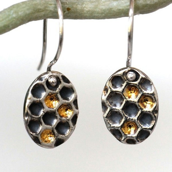 Silver honeycomb earrings with gold details, bee jewellery, oval dangles