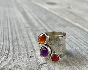 Amethyst ring, spinel ring, orange kyanite ring, size 7 ring set, sterling silver textured rings