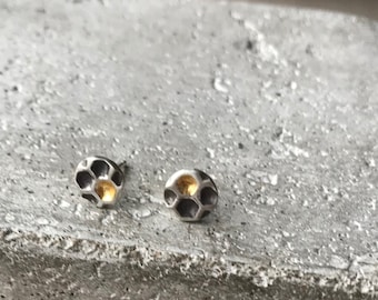 Honeycomb stud earrings, silver and gold post earrings