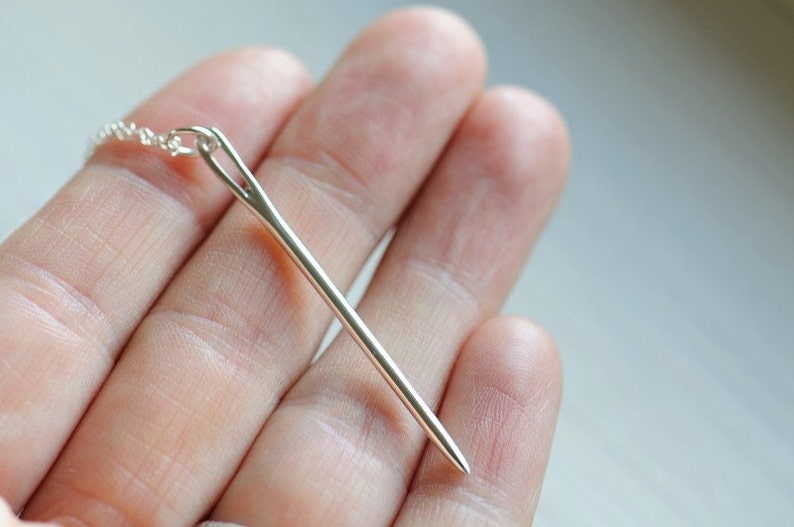 Needle charm, sterling silver sewing needle pendant with cable chain. Gifts for quilters, gift for her, seamstress, made to order necklace image 1