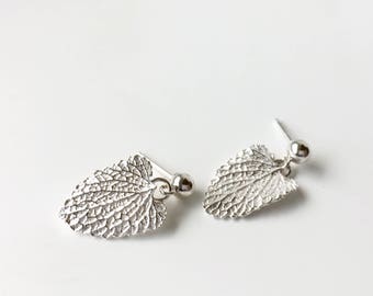 Silver leaf earrings, sterling silver studs with dangles, peppermint leaf jewelry, gardeners gift, gift for her