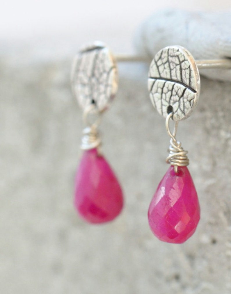 Ruby stud earrings. Silver post earrings with pink ruby drops, silver stud earrings, silver posts with drops, ruby drop earrings image 2