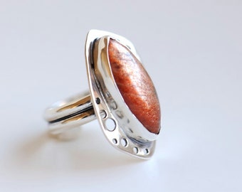 Bague en pierre de soleil, bague en argent sterling avec pierre orange taillée marquise, bague taille 6.75, bijoux en pierre de soleil