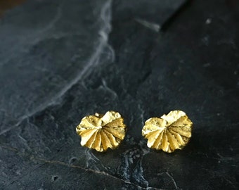 22K gold stud earrings, lady’s mantle leaf studs