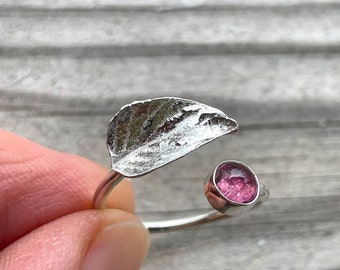 Pink tourmaline ring, silver lilac leaf ring, size 7 ring