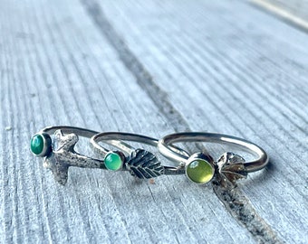 Green stone rings with leaves, sterling silver rings, size 7
