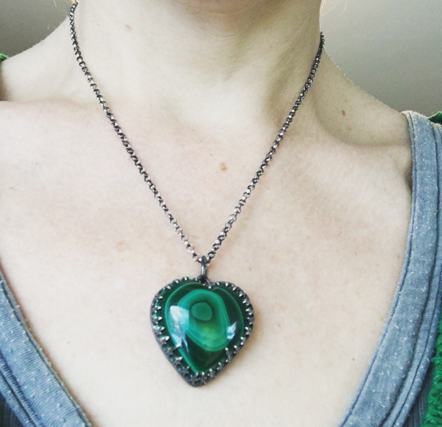 Green Heart Necklace Stone Malachite Heart Necklace Sterling Etsy