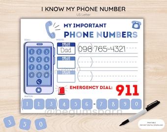 Phone Number Worksheet Printable: Preschool Montessori Learning (Digital Download)