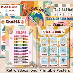 14 druckbare Retro Groovy Lernvorschul Poster, Kleinkind 1-3, Lernwandkunst, Vorschule, Kindergarten, Hausschuldekor, Digital