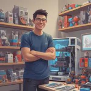 May include: A man wearing glasses and a blue t-shirt stands in a workshop with shelves filled with 3D-printed objects and tools. A 3D printer is visible in the background. The shelves also hold books and other items.