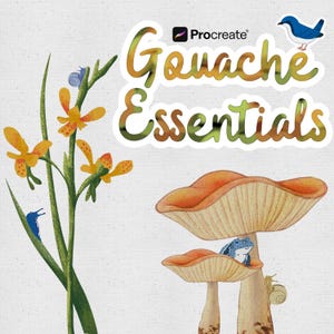 以下が含まれることがあります： 「Gouache Essentials」のテキストとProcreateのロゴが入った、気まぐれなイラスト。オレンジ色のキノコ、黄色の花、青い鳥、カタツムリ、青いカエルが描かれています。子供向けの絵本のイラストを彷彿とさせるスタイルです。