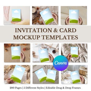 Könnte beinhalten: Einladungs- und Karten-Mockup-Vorlagen. Das Bild zeigt mehrere Karten mit einem Landschaftsdesign aus blauem Himmel, weißer Wolke und grünen Hügeln. Der Text auf dem Bild lautet "INVITATION & CARD MOCKUP TEMPLATES", "Canva", "200 Pages | 5 Different Styles | Editable Drag & Drop Frames."