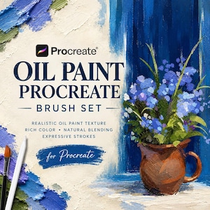 May include: A digital brush set for Procreate featuring the text OIL PAINT PROCREATE BRUSH SET. The image displays a brown ceramic pitcher filled with blue flowers against a blue background, with thick paint textures and a stylus.
