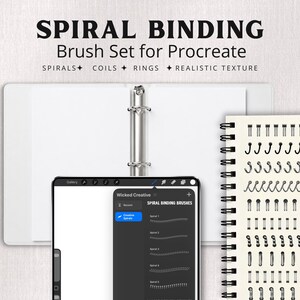 Puede incluir: Un conjunto de pinceles digitales para Procreate titulado SPIRAL BINDING Brush Set for Procreate, con 20 pinceles personalizados para espirales, bobinas y anillos. La imagen muestra una interfaz de tableta, una carpeta blanca y varios estilos.