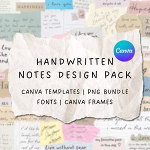 Könnte beinhalten: Ein Designpaket mit handgeschriebenen Notizen, Canva-Vorlagen, PNG-Bundle, Schriftarten und Canva-Rahmen. Der Text wird auf einem zerrissenen Papierhintergrund mit einem Canva-Logo oben rechts angezeigt. Der Hintergrund enthält handschriftliche Notizen und Sätze.