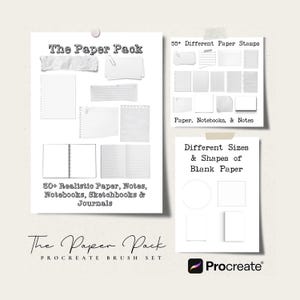 Könnte beinhalten: Das digitale Kunstpaket "The Paper Pack" mit verschiedenen Papierstrukturen, Notizbüchern und Papierstempeln. Das Bild zeigt verschiedene Größen und Formen von leerem Papier, mit dem Procreate-Logo unten.