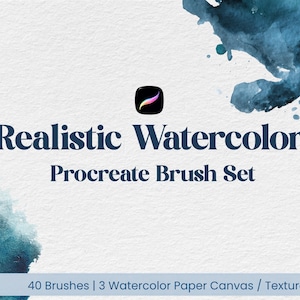 May include: A digital art product image with the text "Realistic Watercolor Procreate Brush Set". The image features a watercolor design with blue and gray hues. The set includes 40 brushes, 3 watercolor paper canvases, and textures.