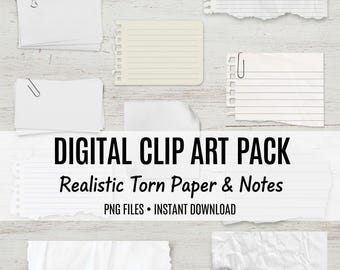 May include: Digital clip art pack featuring realistic torn paper and notes. The image includes various white paper pieces with lines, some held by paper clips and binder clips. The text "DIGITAL CLIP ART PACK" is displayed.