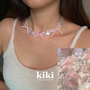 Beaded Bow Necklace – Handmade Pastel Pearl Heart Choker, Kawaii Y2K Coquette Jewelry Gift