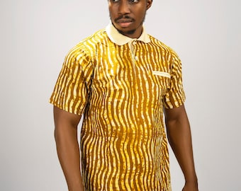 Yellow tshirt polo | Mustard Yellow Batik Short Sleeve Shirt | Modern Ankara Men's Top | Casual Summer Festival Shirt | Gift for Him