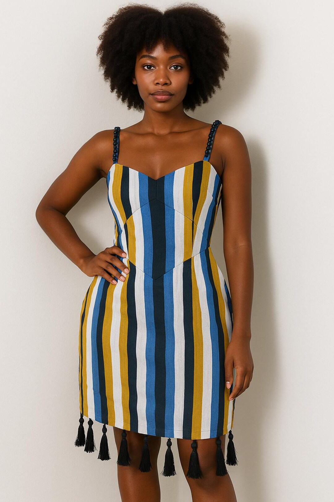 blue and yellow striped dress WESTIN STRIPED MIDI IN YELLOW BLUE