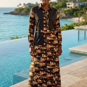 Vestido camisero maxi utilitario con estampado abstracto africano Ankara en tonos tierra.