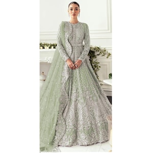 Custom Green Indian Pakistani bridal wedding wear dress, maxi long dress, handmade embroidered net gown, nikah walima engagement outfit