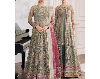 Pakistanische mehrfarbige Nikkah Mehndi Pishwas, Braut Maxi Kleid Hochzeit Punjabi Outfit, indisches Anarkali Party Gast Outfit