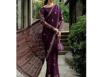 Paarse chiffon voorgeplooide gedrapeerde sari, geborduurde handgemaakte gestikte sariblouse, Indiase Pakistaanse bruiloftsgastjurk