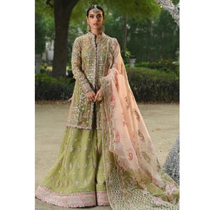 Green Pakistani Indian Mehndi Sharara Wedding Dresses, EID Salwar Kameez, Nikkah Mehndi Engagement Formal Embroidery Outfit, Guest Partywear