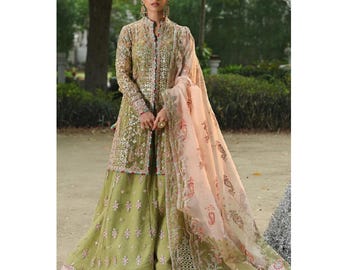 Green Pakistani Indian Mehndi Sharara Wedding Dresses, EID Salwar Kameez, Nikkah Mehndi Engagement Formal Embroidery Outfit, Guest Partywear