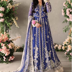 Formal Bridal Wedding Gown, Pakistani Designer Engagement Nikkah Mehndi Maxi Gown, EID Embroidered Pure Chiffon Outfit, Indian Clothes
