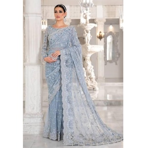 dress design from net saree Lilac Net Embroidered Draped Gown Saree Set Design by Kashmiraa at Pernia's  Pop Up Shop 2026