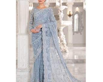 Ice Blue Hand-Embroidered Net Saree | Pakistani Indian Bridal Saree with Blouse | Wedding & Party Wear Guest Stitched Blouse Designer Dress