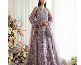 Lila Nikkah Maxiklänning Brudoutfit, Pakistansk indisk Mehndi Förlovnings Lehenga Choli Bröllopskläder Anarkali Klänning, Festkläder Gästoutfit