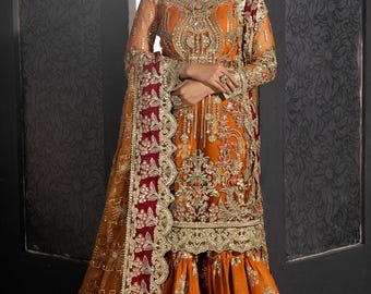 Orange Embroidered Mehndi Gharara Salwar Kameez Outfit, Pakistani Indian Wedding Wear Bridal Nikkah Sharara Suit