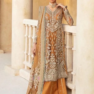 Orange Mehndi Sharara Wedding wear Dress, Pakistani Designer Nikkah Engagement bridal Salwar Kameez, Inidan Clothes, Guest Partywear Outfit