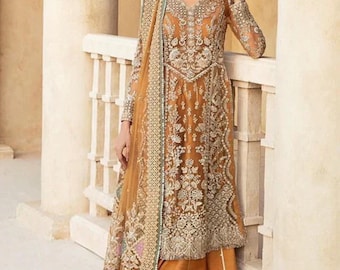 Orange Mehndi Sharara Wedding wear Dress, Pakistani Designer Nikkah Engagement bridal Salwar Kameez, Inidan Clothes, Guest Partywear Outfit
