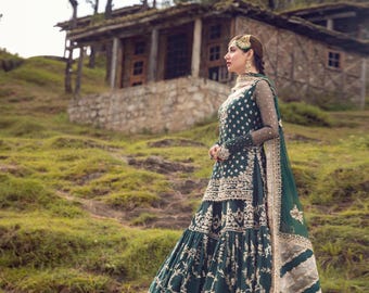 Green Pakistani Bridal Embroidered Sharara dress, Nikkah Mehndi Engagement Wedding Wear Dress, Indian Salwar Kameez Dulhan Outfit