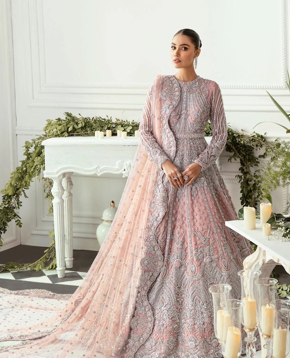 Custom Pink Indian Pakistani bridal wedding wear dress, maxi long dress, handmade embroidered net gown, nikah walima engagement outfit