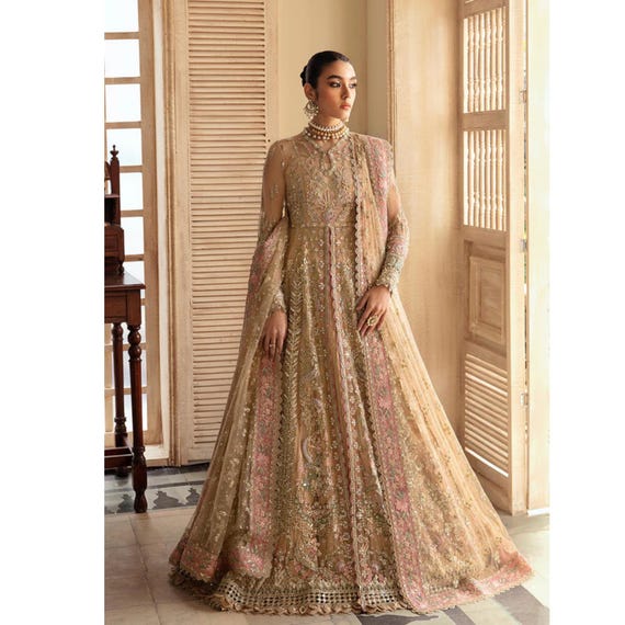 Golden Formal Pakistani Indian wedding dresses Bridal Gown dress nikkah maxi Gown outfit Engagement embroidery cloth Guest partywear