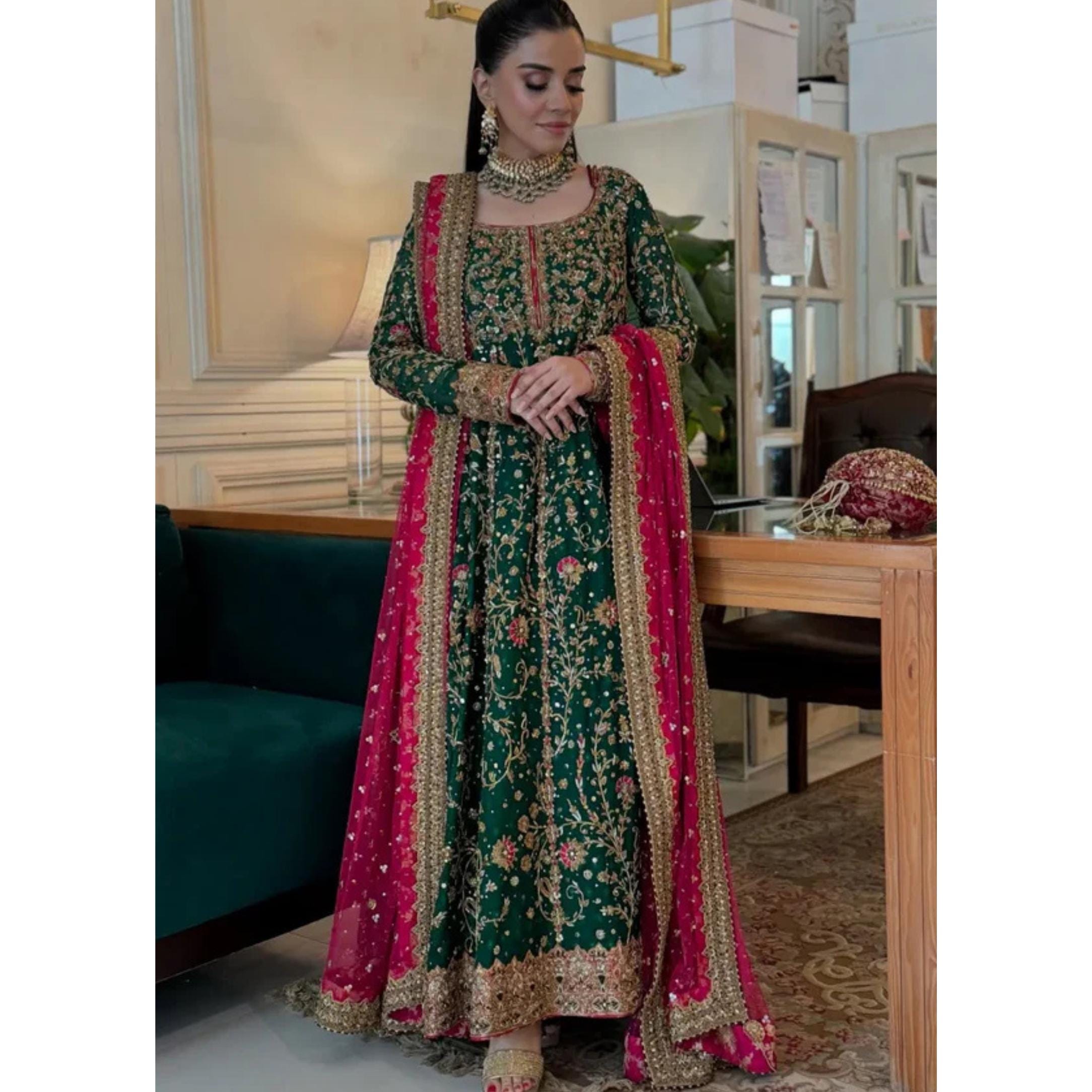 Handmade Green Indian Pakistan Bridal Wedding Wear Maxi Gown or Lehenga Choli Long Embroidered Dress, Designer Nikkah Engagement Guest Dress