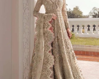 Pakistani Indian gold wedding maxi bridal dress, designer nikah, engagement, walima lehenga, women ready made wedding guest dress