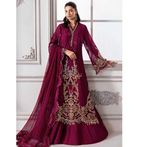 Chiffon Maroon Pakistani Salwar Kameez /Sharara Wedding Dress, Indian Bridal Gown dress, Designer Nikkah Mehndi Engagement Guest Outfit
