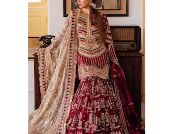 Pakistaanse Nikkah Bridal Sharara Gharara-pak, Indiase Salwar Kameez, designer Mehndi Engagemeent-outfit voor verlovingsfeest