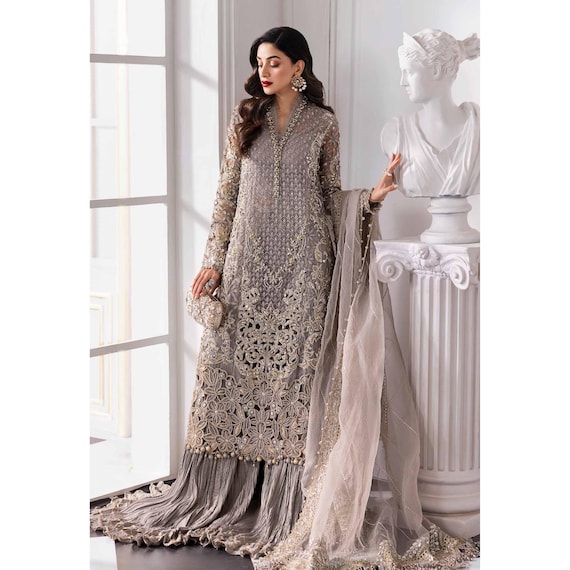 Pakistani Wedding Wear Crushed Sharara Suit, Indian Dress Embroidery Clothes,  Nikkah Mehndi Engagement Outfit, Eid Style Long Salwar Kameez - Etsy Norway