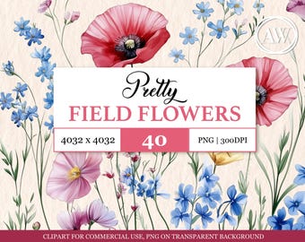 Clipart set wilde bloemen, bloemen png-afbeeldingen, aquarel wilde bloemen png, bruiloft plakboek, download van digitale kunst